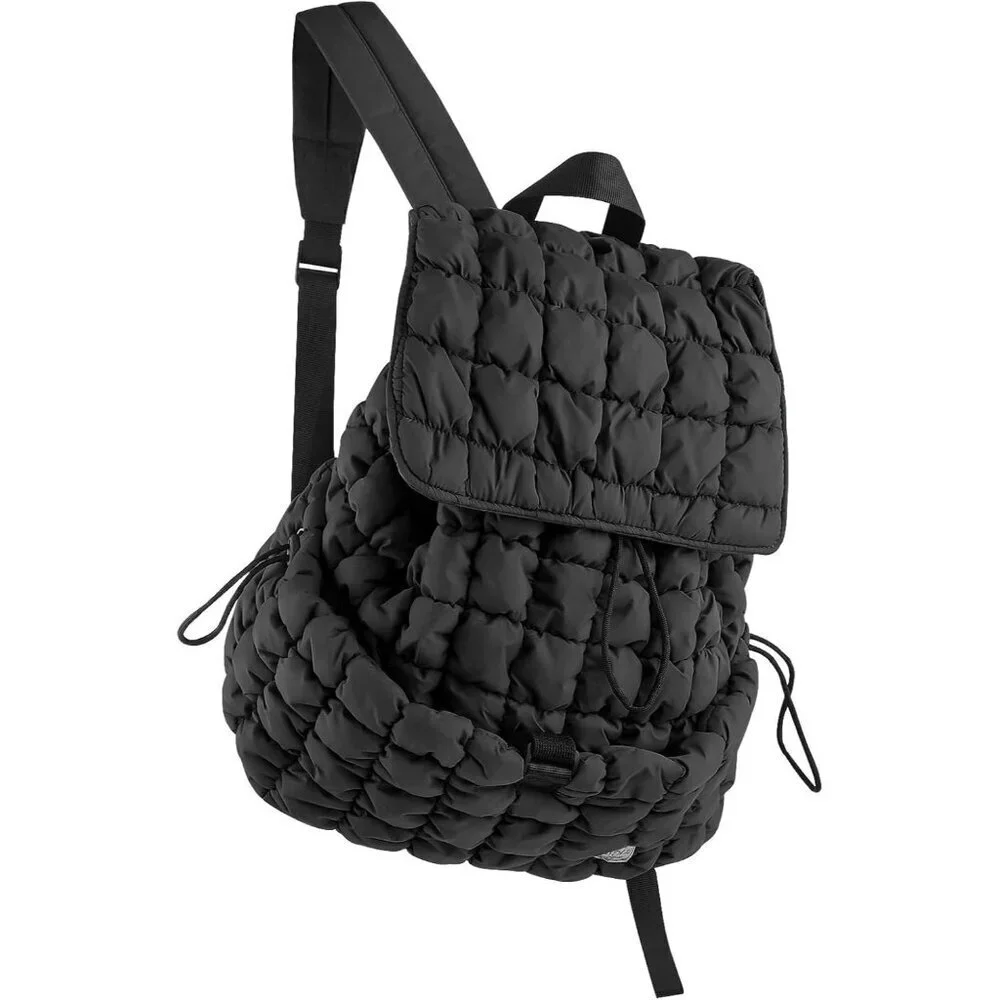 Women's Black Quilted Puffer Imported Drawstring Magnetic Closure Backpack